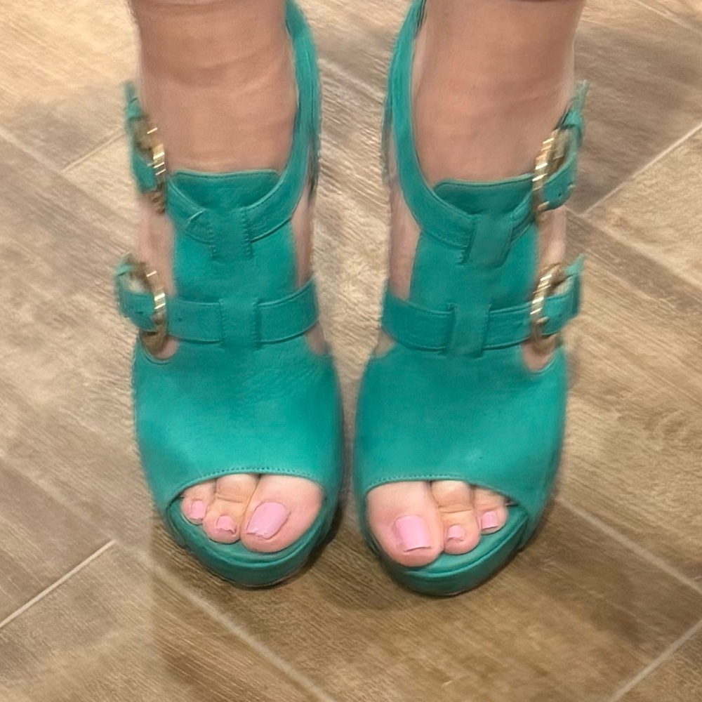 Versace teal green platform stiletto